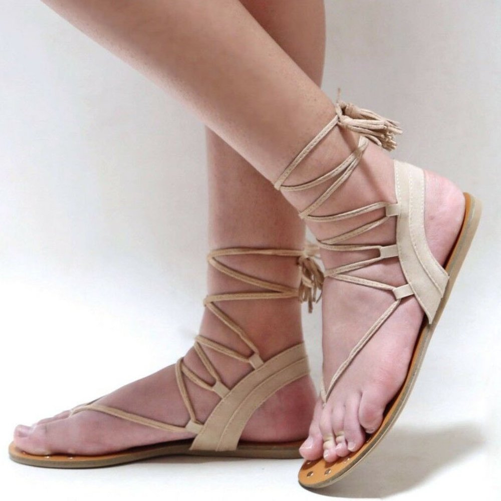 New Natural Beige Lace Up Gladiator Thong Sandals